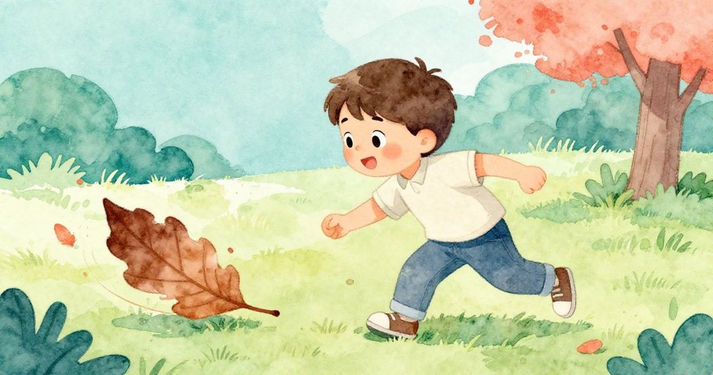 本圖描寫本在公園草地上急忙彎腰撿起掉落的筆記本，同時追逐隨風飛舞的樹葉，動作急切卻充滿關懷。