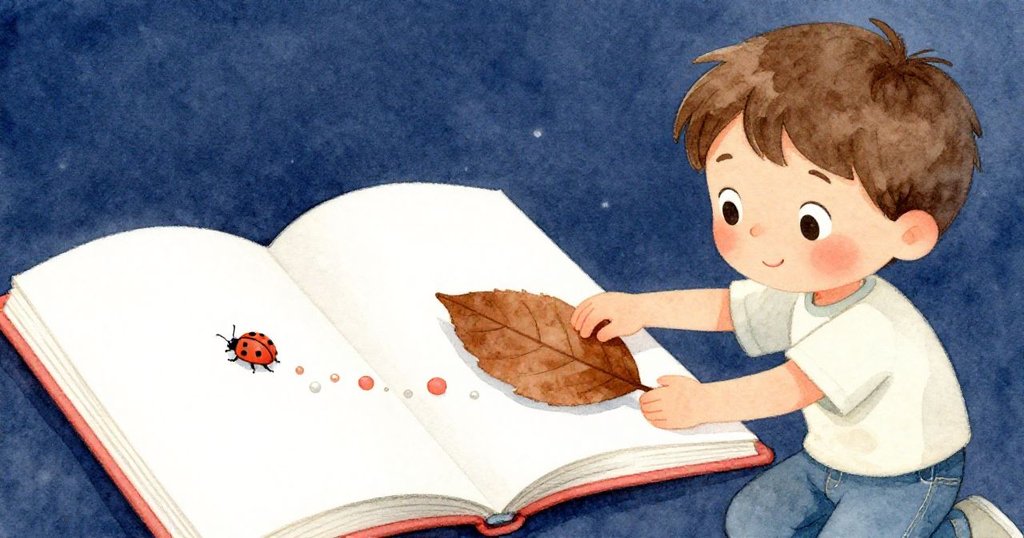 本圖特寫描述本小心放下樹葉，注視著筆記本上悠然爬行的小瓢蟲，其細膩互動展現出純真驚喜與和諧情感。