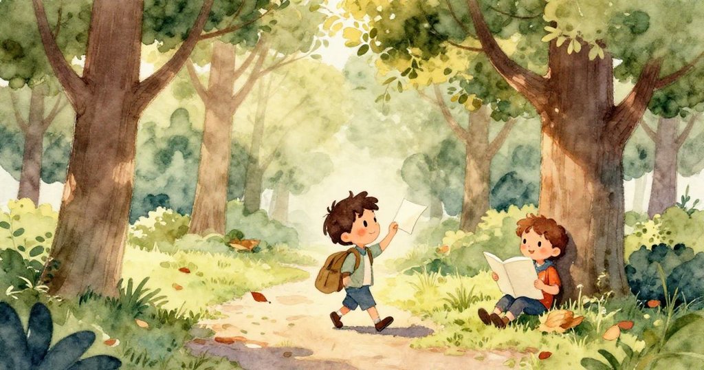 本圖描繪一本打開的筆記本上展現出樹葉影子和小瓢蟲軌跡，象徵大自然的藝術創作與寧靜情感，整體場景平和充滿靈性。