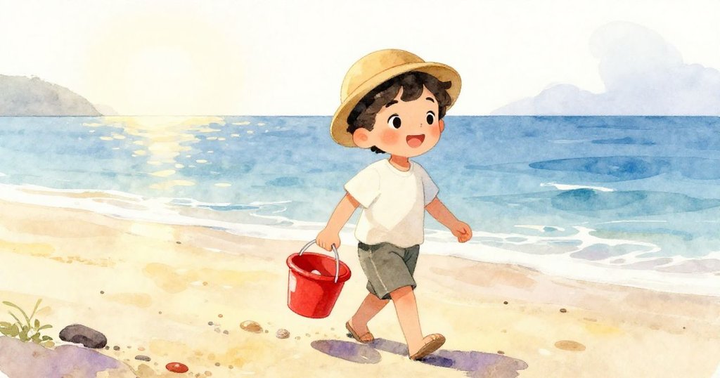 Leo手持紅水桶步入沙灘,晨光映照海面,口袋裡貝殼叮噹作響,氛圍寧靜且充滿期待