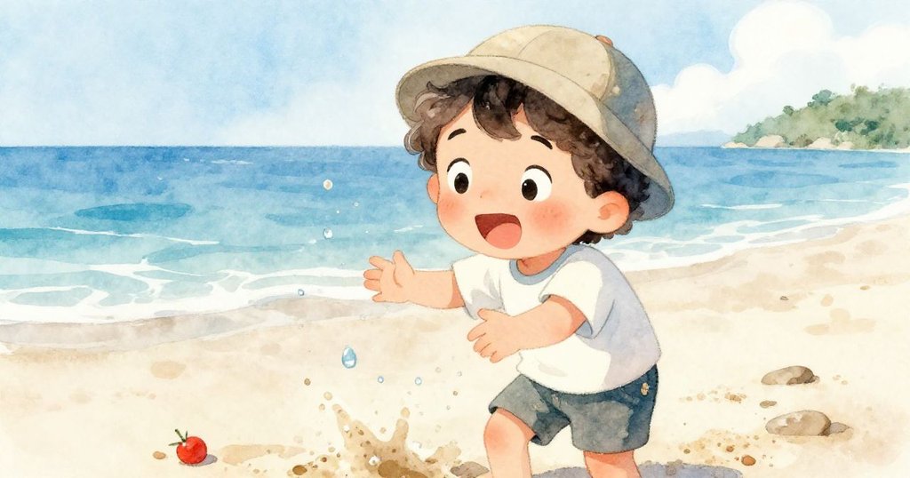 Leo面部特寫驚訝,水珠與沙粒四散飛揚,背景模糊海浪映襯情感瞬間,充滿意外與童趣