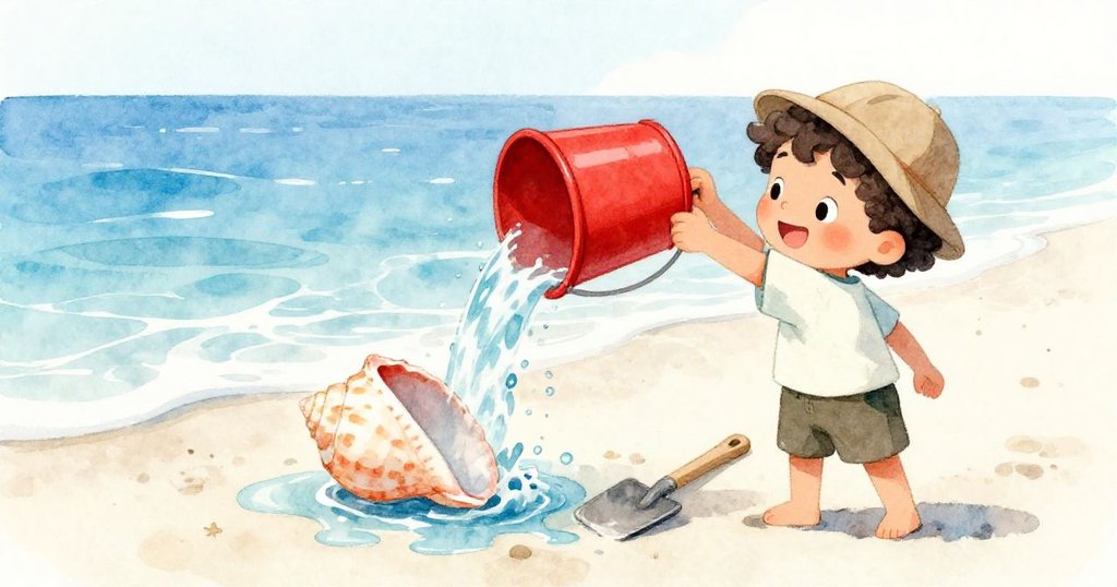 從Leo背後視角看見,水流推動大貝殼進入紅水桶,旁邊小鏟子輕輕飛起,動感十足