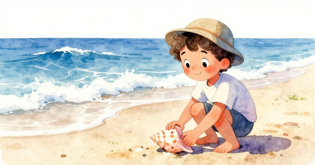 Leo蹲下將大貝殼輕放於浪邊,目送貝殼隨波遠去,表情平靜又堅定,背景展現動態海洋與溫馨沙灘