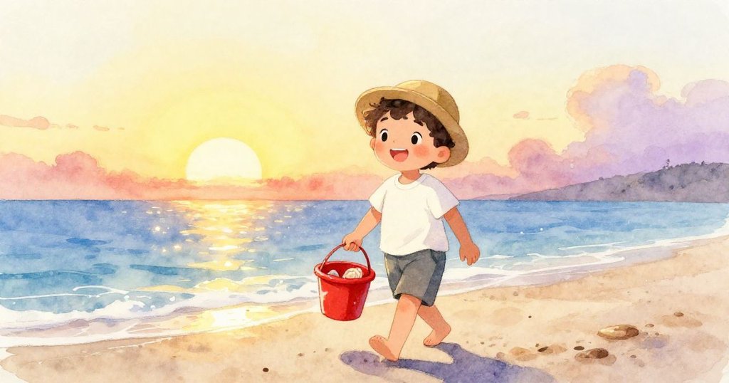 Leo滿足牽著紅水桶沿海灘歸去,空貝殼在光影中閃爍,陽光照耀海面,氛圍平靜且溫暖