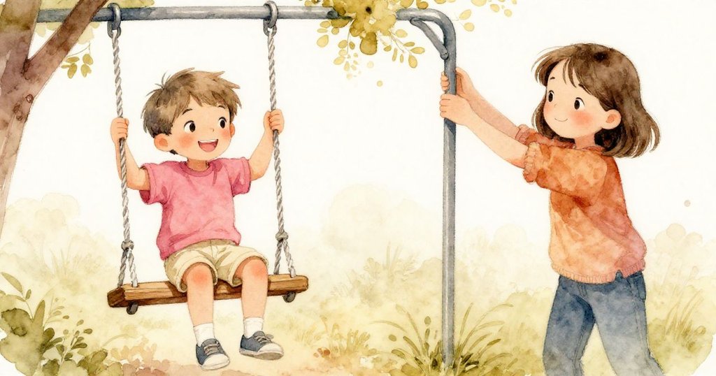 樂奧和妹妹在鞦韆旁協作,樂奧興奮爬上木板,妹妹溫柔拉橫桿,彼此展現默契與笑容。