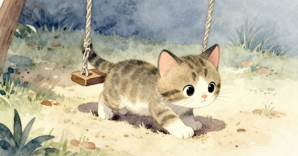 小貓在鞦韆旁安靜爬行,尾巴輕搖於沙上,融入隱蔽角落中,透露出神秘與童趣情感。