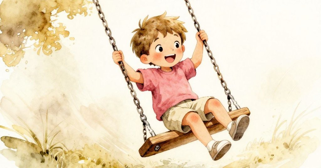 樂奧爬上鞦韆時充滿活力,笑容燦爛,木板與鏈條隨動作輕輕發響,展現快樂和冒險精神。