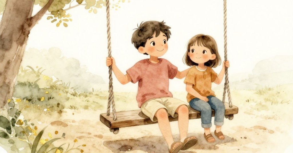 樂奧與妹妹在陽光下站於寬闊沙地,鞦韆安靜懸掛,兩人滿懷期待迎向未來,溫暖明亮的場景展開新旅程。