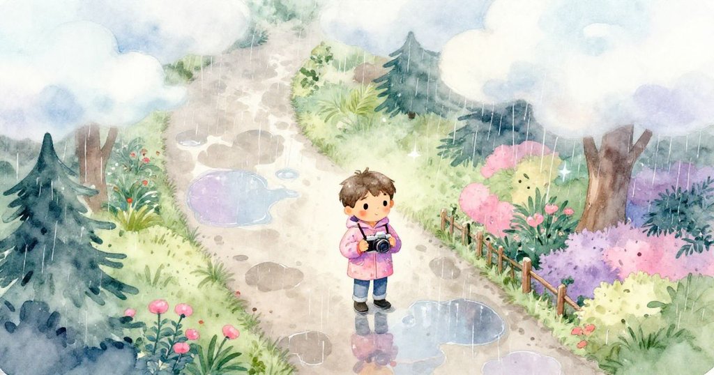 米洛在濕潤花園小徑上舉著相機探索,雨雲低垂,落葉與積水映出自然靜謐與期待情緒。