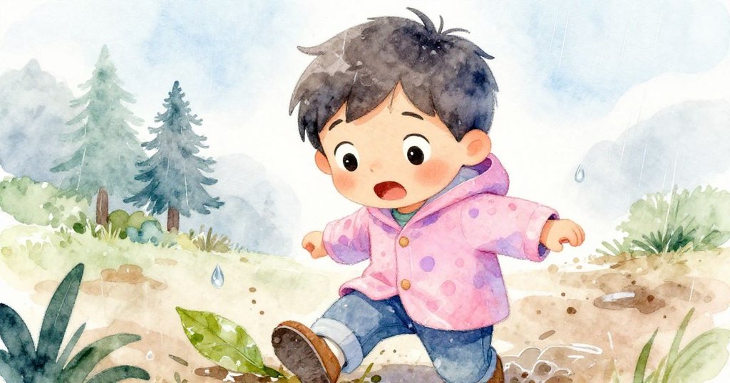 米洛面露驚訝與堅定神情,濕潤雨滴映襯著他專注眼神,背景模糊呈現泥濘與落葉,情感豐富。