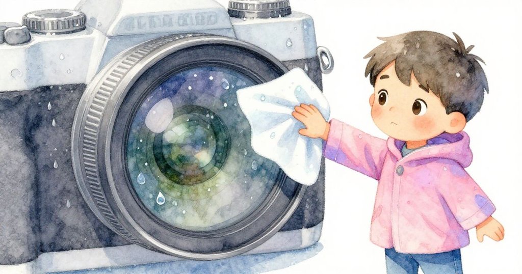 米洛迅速用襯衫袖擦拭相機鏡頭上雨滴,鏡頭特寫展現細部與緊張專注,雨中動作敏捷。