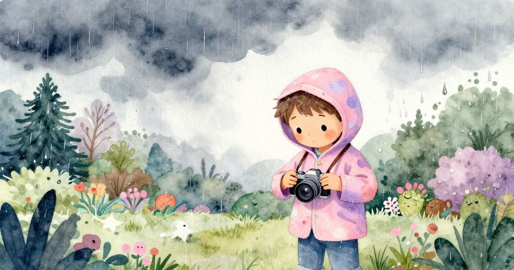 米洛在雷聲中站立,將相機藏入夾克內,泥水濺滿雙手,陰暗雷雲營造出情感轉折氛圍。