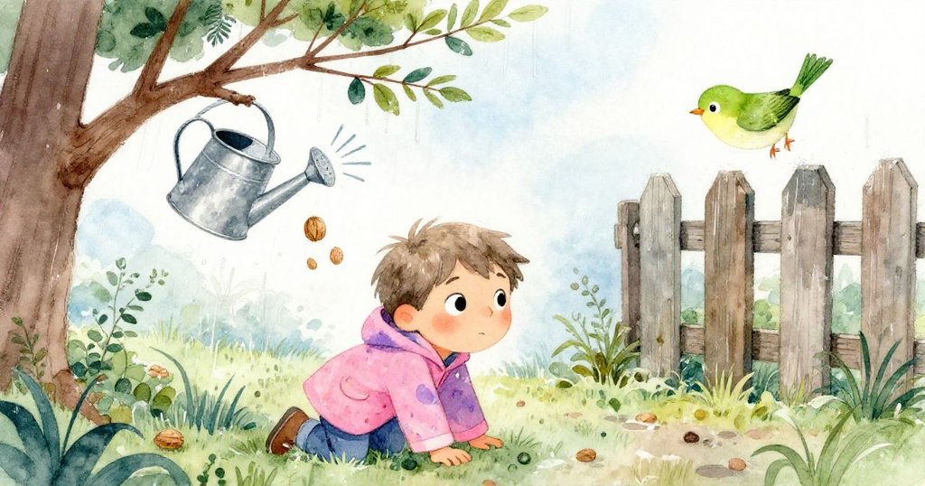 米洛爬行中引起老樹枝搖晃,核桃跌進金屬澆水壺發出聲響,綠鳥驚慌飛向斑駁柵欄,動感十足。