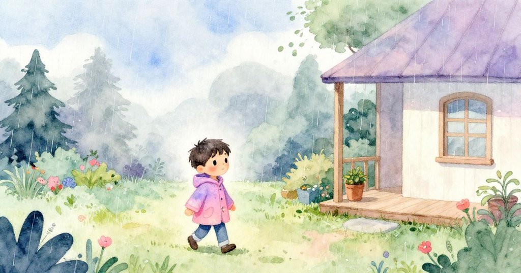 米洛在雨後花園中捕捉完最後瞬間後,溫馨走向門廊,雨勢漸停,景色由暗轉明展現終局安寧。