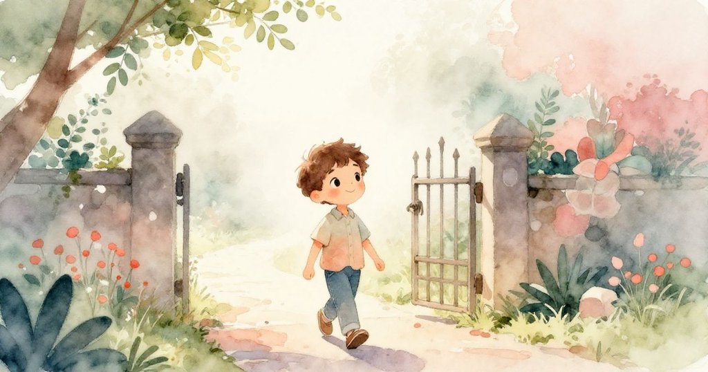 小男孩Liam在柔和晨霧中走向花園大門，背景有狹窄小路與綠葉，臉上展現期待與溫暖情感