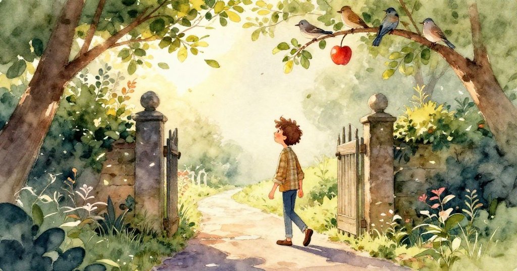 Liam伸手觸碰懸掛樹枝上的紅蘋果，畫面細膩捕捉手部動作與自然光影，展現期待與溫馨情感