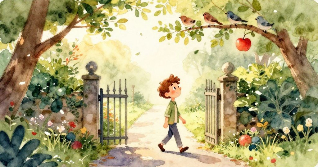 從Liam背後看見他踮腳伸手向樹上高懸的紅蘋果努力，背景中展現微風搖曳的綠葉與期待氛圍