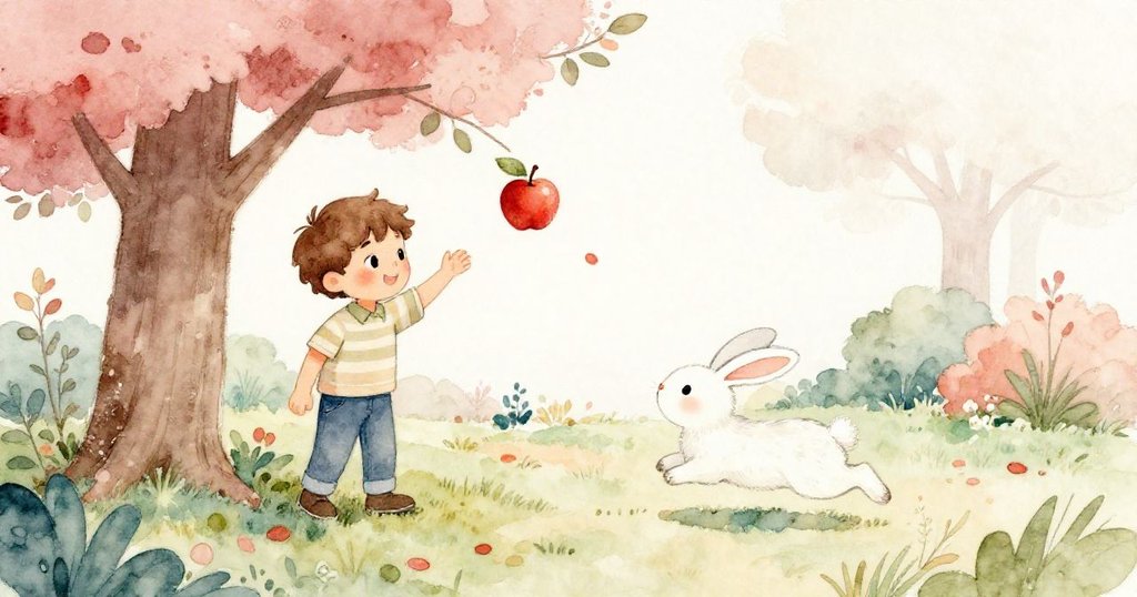 從高處俯瞰庭園，Liam踮腳伸展與兔子奔跑間，樹輕晃使紅蘋果落下，展現自然動態與溫馨故事發展