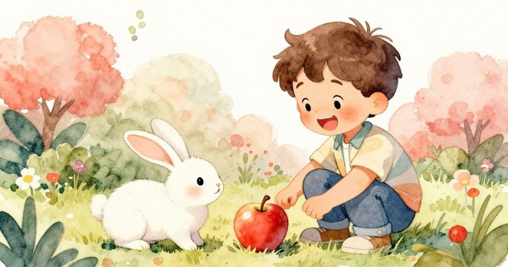 在庭園中，Liam笑著看兔子調皮跳躍蘋果旁，呈現快樂互動，背景展現陽光明亮與自然和諧感