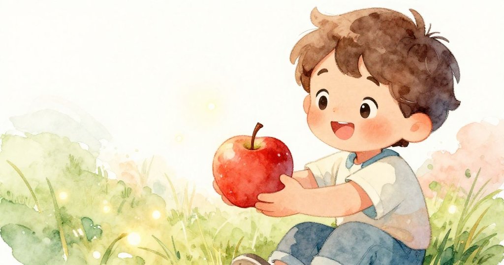 在故事結尾，Liam溫柔提起閃耀紅蘋果，臉上滿是喜悅，草地上光斑跳動象徵著美好結局，展現溫馨完滿的情感