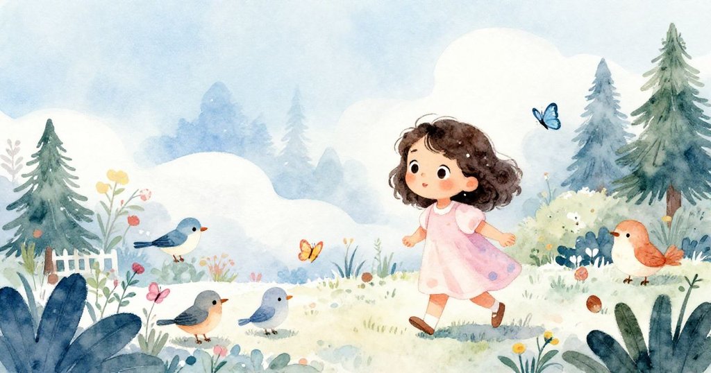 米拉清晨輕步進入花園,周遭有許多小鳥、蝴蝶與小動物,氛圍溫馨寧靜,展開探險起始