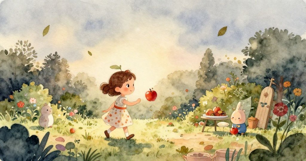 米拉停下腳步凝視樹枝上閃亮的蘋果,眼神中充滿專注與決心,背景隱約展現花園情境