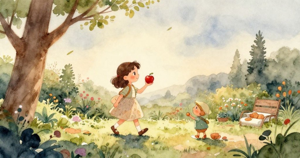 從鳥的視角看見米拉輕輕伸手觸碰蘋果,樹枝隨之微微顫動,營造出奇妙而溫柔的早晨氛圍