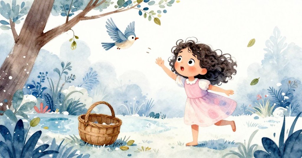 樹枝猛然顫動驚飛棲息的小鳥,葉子和木籃紛紛落下,籃子向池塘滾動,充滿突然間的動感與變化