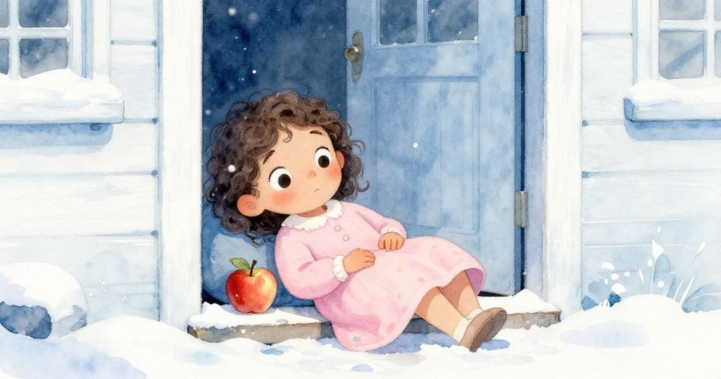 米拉帶著安全獲得的蘋果回家,站在門前安靜休息,顯現出一天探險結束後的平和與滿足