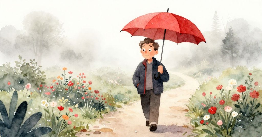 在薄霧中,男士持紅傘穿越盛開花園,微雨初降,花朵輕搖,神情淡定滿含期待與寧靜。