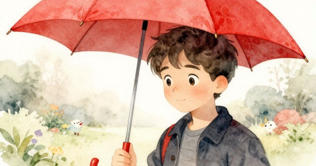 男士細看手中鮮紅傘,紅色閃耀與柔和背景形成鮮明對比,動作中流露溫柔與專注。