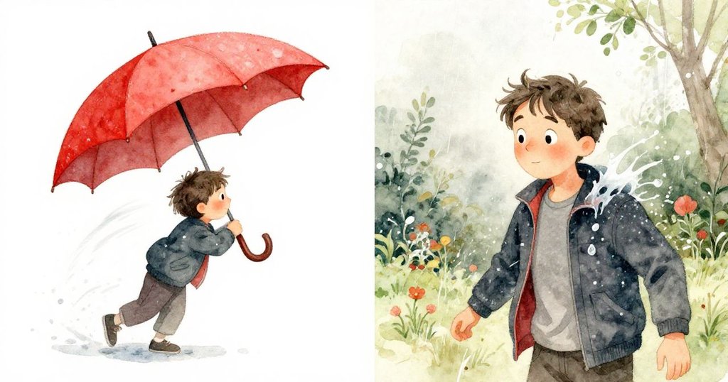 陣風驟起使紅傘狂旋,水花濺落男士衣襟,花園濕潤生動,臉上流露驚訝與緊張情緒。