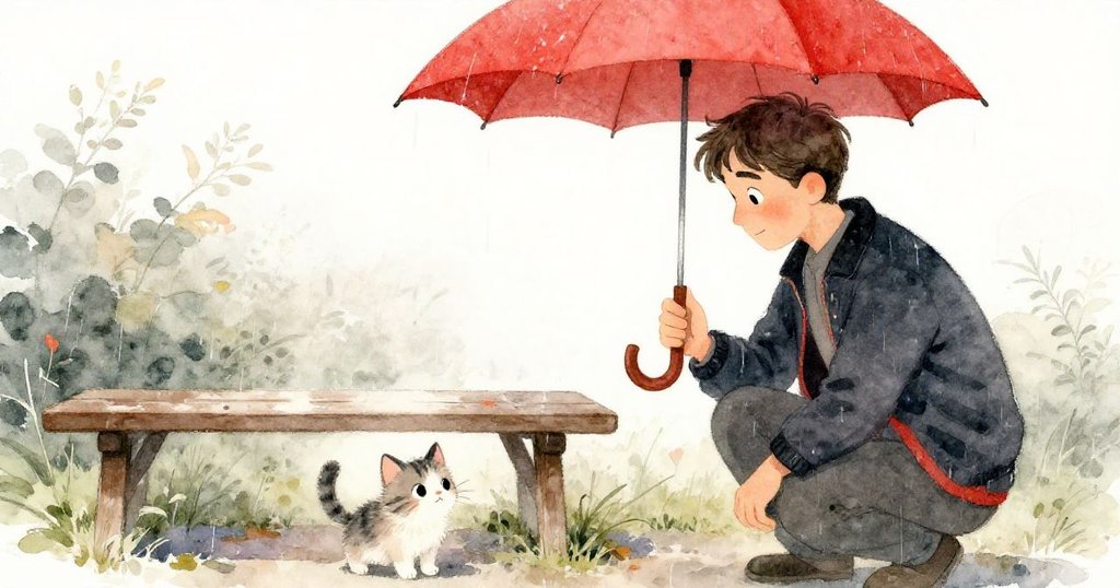 男士於木凳旁緩降紅傘,驚見小貓探頭,雨後轉暖光線映襯花園,情景舒心且寧靜。