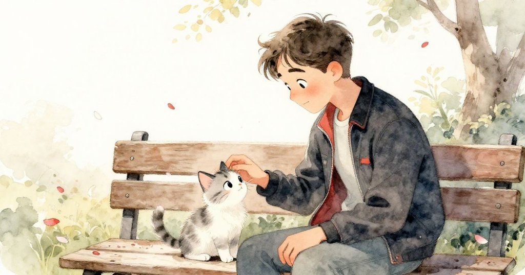 男士與小貓在乾淨木凳上共享溫暖時刻,撫摸動作溫柔,臉上展露滿足笑容,花瓣輕舞襯托慶祝情懷。