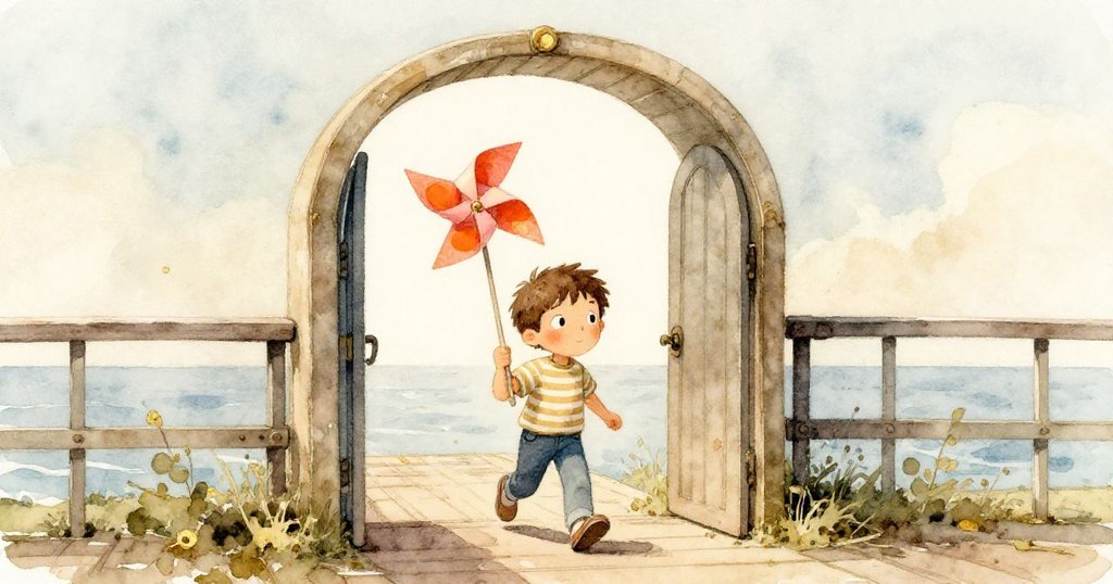 Sam手持彩色紙風車，穿過碼頭入口，心情充滿期待，背景展現柔和自然光線的港口風景。