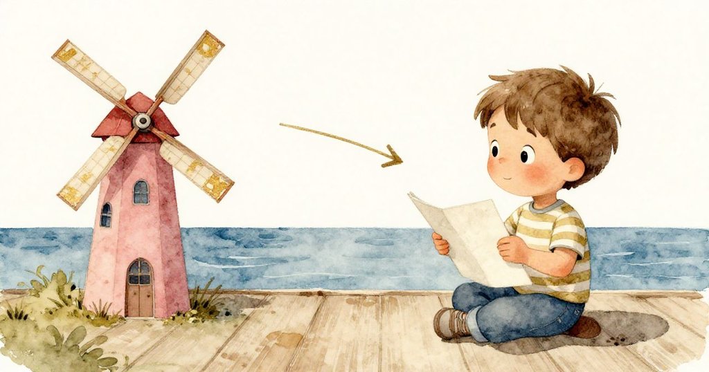 Sam在碼頭木椅上打開筆記本，專注地畫出向海方向的箭頭，紙風車在旁閃耀。