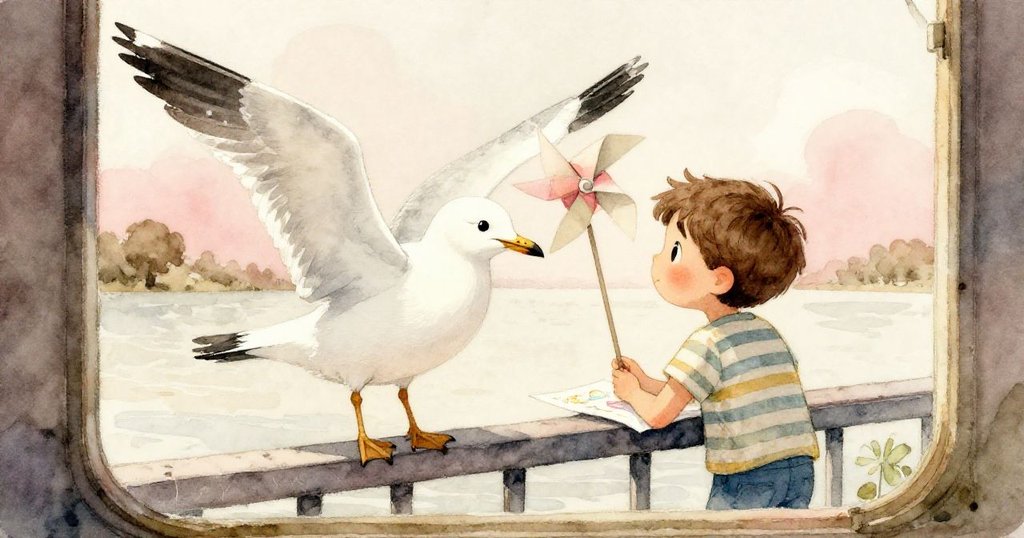 好奇的白海鷗停在欄杆邊，注視著Sam和風車，場景充滿寧靜與專注之美。