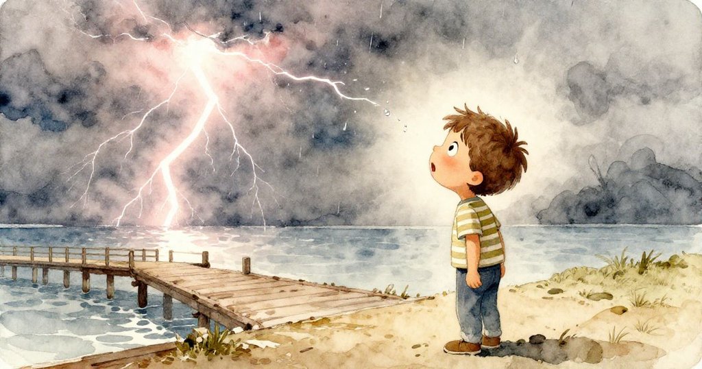 遠處雷光閃爍，天色變灰，Sam驚訝看著被雨點點綴、模糊的筆記本畫面，神情緊張。