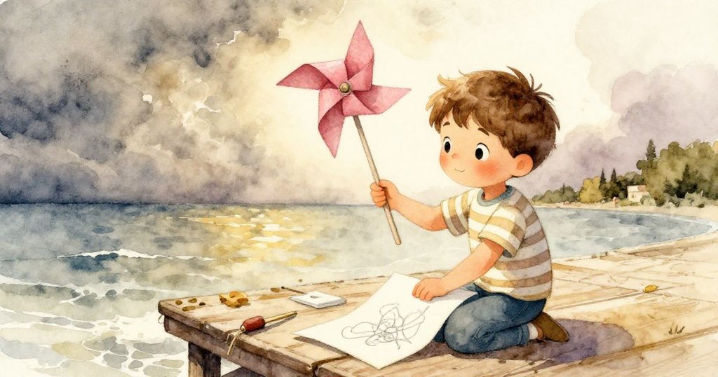 風復起新風，Sam重新放置紙風車並在筆記本作畫，情緒從緊張轉為平靜與希望。