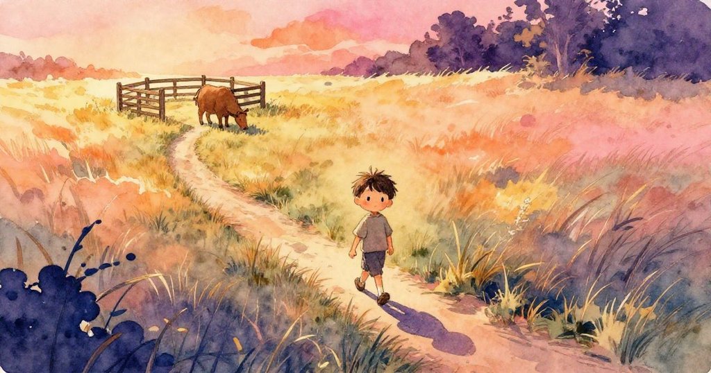 小男孩走在陽光綠草地上,遠處有圍欄和棕色動物吃草,天空溫暖,呈現開始冒險場景