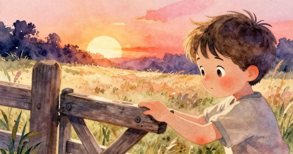 小男孩伸手輕推舊木門,感受門上細膩紋理,探索新景致,表情充滿好奇心與溫暖光線交織