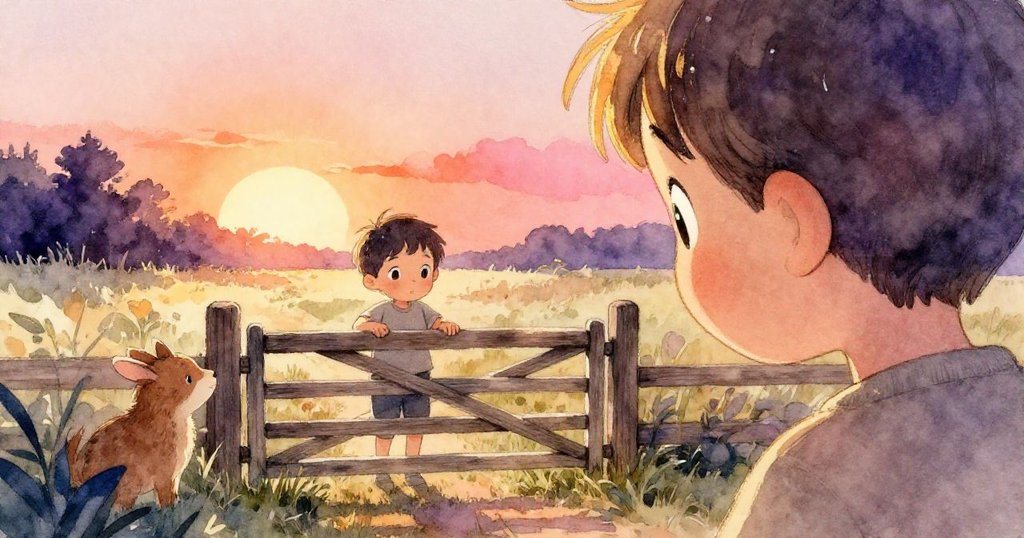 小男孩靠近低門,棕色動物靜靜注視,呈現自然互動,兩者眼神流露好奇與柔和情感