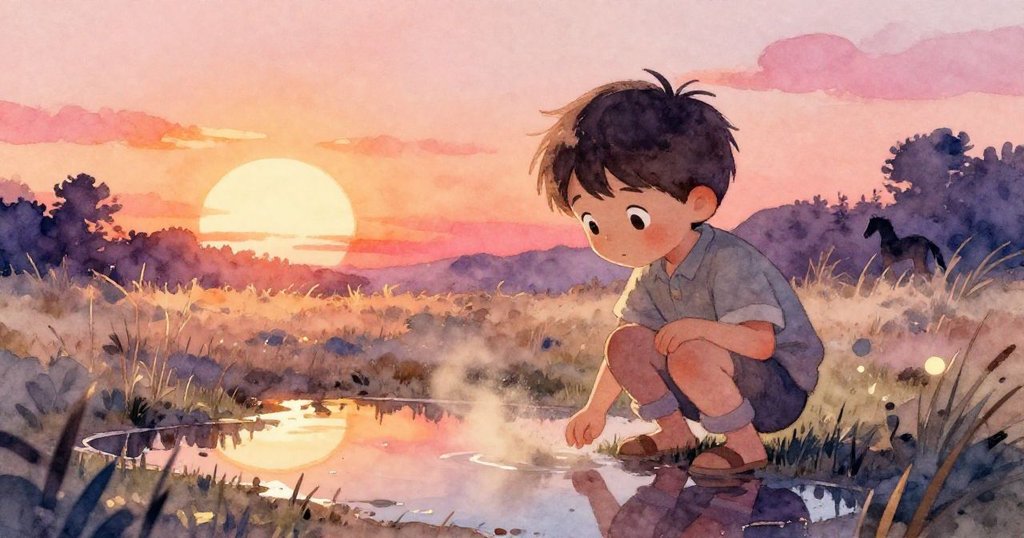 小男孩蹲在水窪邊觀察塵土飛揚,映出激烈蹄印場景,面帶警覺並感受大自然動態變化