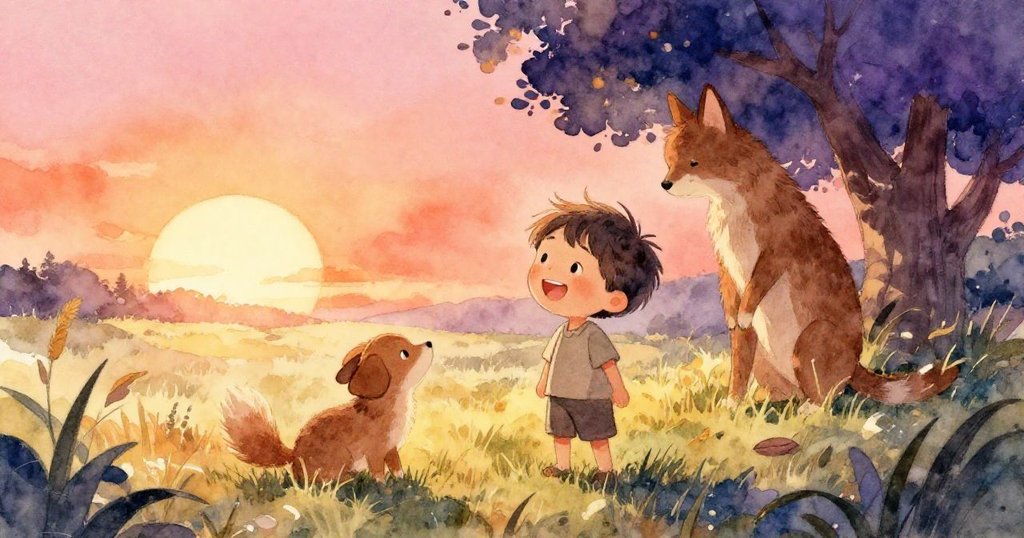 小男孩與棕色動物在綠草原上互動歡笑,柔和金光下展現興奮慶祝,充滿快樂與溫馨的氛圍