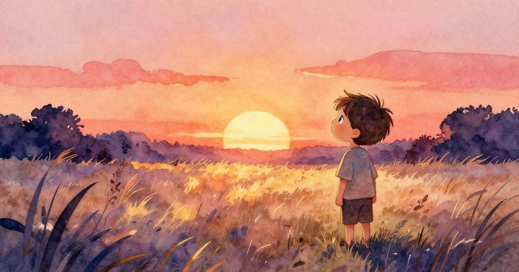 小男孩在莊嚴的黃昏光影中凝視遠方夕陽,綠意田野映襯著和平心情,結束冒險歸於寧靜