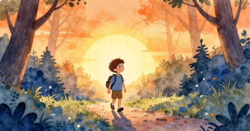 Owen背著背包在晨曦森林中行走，剪影顯現寧靜探險氛圍，充滿期待與神秘感。