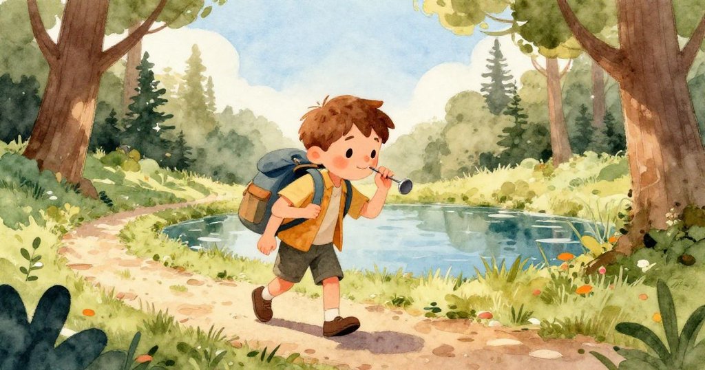 Owen的小腳踏著鋪滿樹葉的小徑，細節呈現溫暖光影和探索心情，故事正逐步展開。