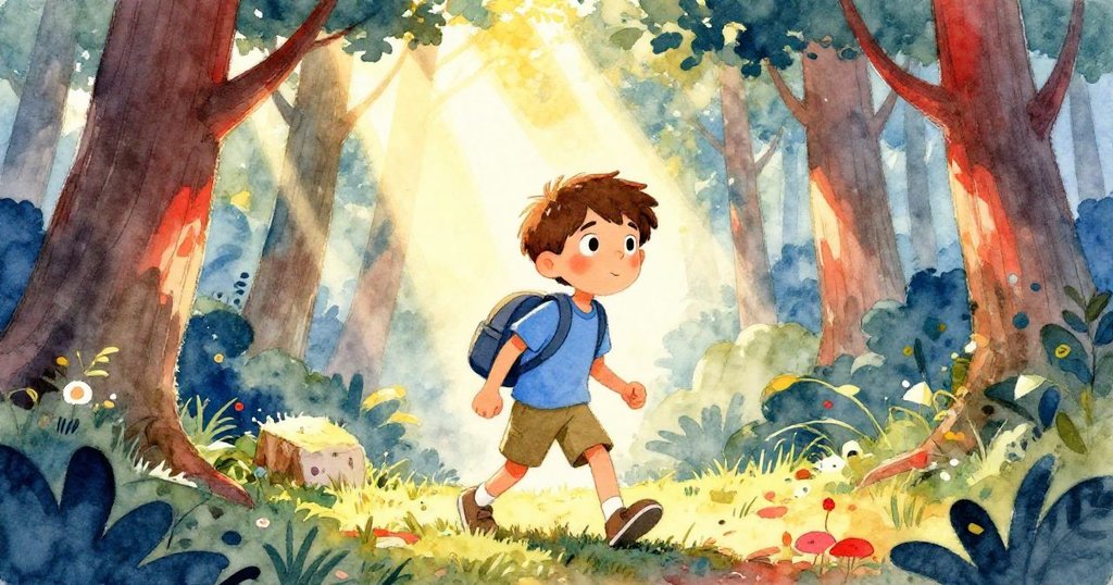 以低角度拍攝，Owen快步穿越森林，臉上展露好奇與堅定，太陽光從樹間灑落，冒險氣氛濃厚。