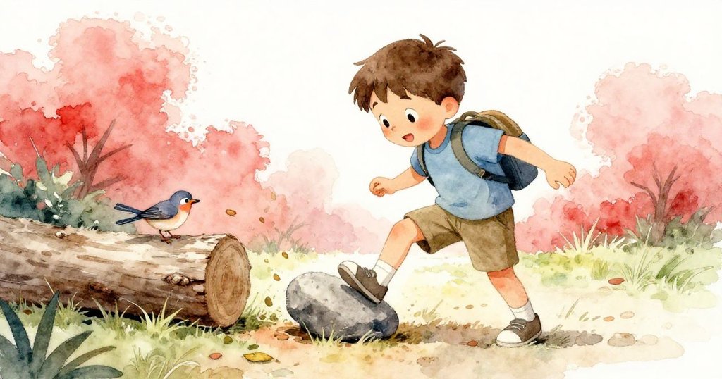 Owen不慎踩滑石頭，石頭滾向樹幹觸動小鳥飛起，乾葉隨風飄動，故事進入轉折時刻，充滿自然細節。