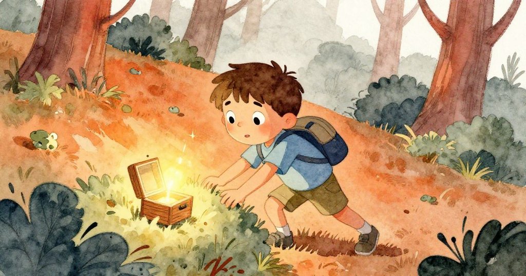 Owen奮力穿越低矮灌木，發現隱藏木盒，動作充滿決心與活力，森林中陽光穿透營造出發現奇蹟的瞬間。